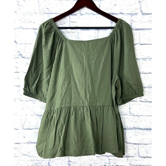 New Loft Army Green Size XL Boho Top Short Sleeve Babydoll Blouse Square Neck U4 - Picture 5 of 12